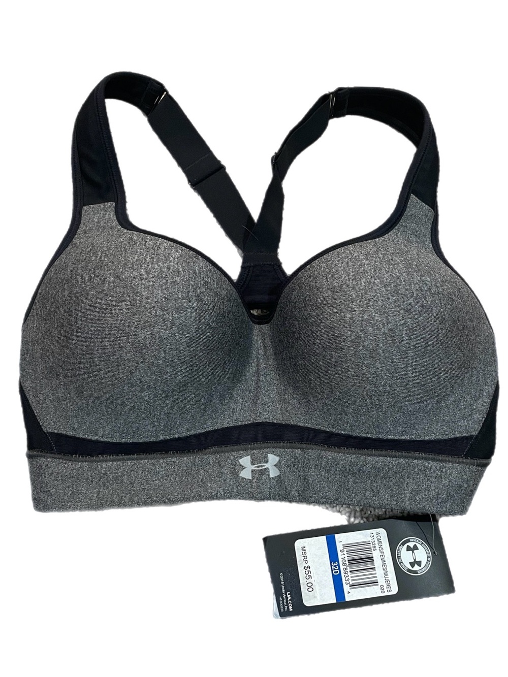 Under Armour High Impact Sports Bra HeatGear Heather Gray Black 32D 1313285 NWT
